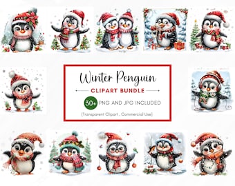 Winter Penguin Clipart PNG, Christmas Penguin Clipart, Christmas clipart, Penguin Clipart for Holiday Crafts, Instant Download