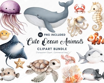 Cute Ocean Animals Clipart Bundle Watercolor Sea Creatures PNG Baby Sea Life Clip Art Under The Sea Nursery Art Beach Kids Stickers