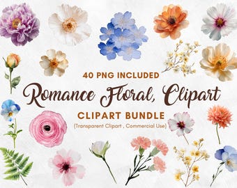 Romantic Floral Clipart Bundle | 40 Watercolor Flower PNGs | Botanical Clip Art | Wedding Invitations, Scrapbooking, Stickers, Card Making