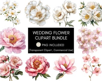 Wedding Flower Clipart Bundle - 65 PNGs - Transparent Floral Clipart, Peony, Magnolia, White & Pink Flowers, Digital Download