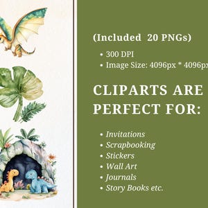 Op de afbeelding: Waterverf clipart set met een draak, tropische bladeren en een grot met dinosaurussen. De afbeelding bevat tekst met de tekst "Included 20 PNGs", "300 DPI" en "Image Size: 4096px * 4096px wide".