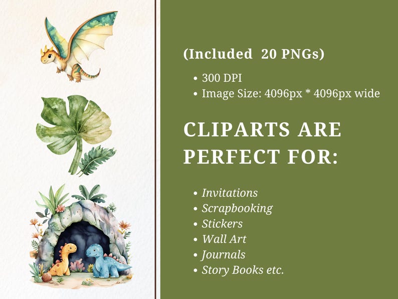 Op de afbeelding: Waterverf clipart set met een draak, tropische bladeren en een grot met dinosaurussen. De afbeelding bevat tekst met de tekst "Included 20 PNGs", "300 DPI" en "Image Size: 4096px * 4096px wide".