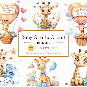 22 niedliche Giraffen Clipart Bundle, Baby Giraffe PNG, Willkommen Baby Giraffe Illustrationen, hochauflösende Tier Babypartydekoration