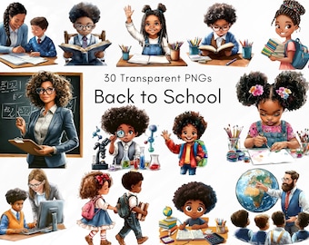 Back to School Clipart Bundle, 30 PNG African American Kids & Teachers, Classroom Learning, Teacher Student Illustration, School Supplies