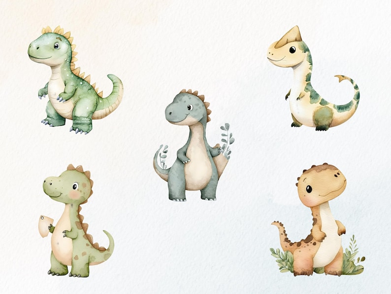 Op de afbeelding: Waterverfillustraties van vijf schattige dinosaurussen in verschillende poses. De dinosaurussen zijn in tinten groen, blauw en bruin, met vriendelijke uitdrukkingen. Elke dinosaurus heeft unieke kenmerken, zoals stekels, kammen en bladaccenten, tegen een witte achtergrond.