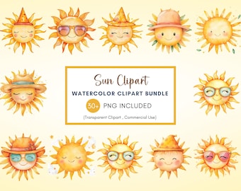 Watercolor Sun Clipart Bundle, Happy Sun Images, Boho Cute Sun PNG, Retro Sun PNG, Warm Sun PNG, Instant Download