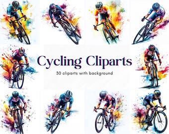 Cycling Clipart Bundle, Watercolor Cyclist Cliparts with Background, Sport Bike Rider JPG, Athletic Clip Art, Racing Bike Clipart