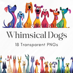 Whimsical Dog Clipart Bundle, 18 Colorful Cartoon Dog PNGs, Funny Puppy Illustrations, Watercolor Quirky Puppies, Dog Border Clipart