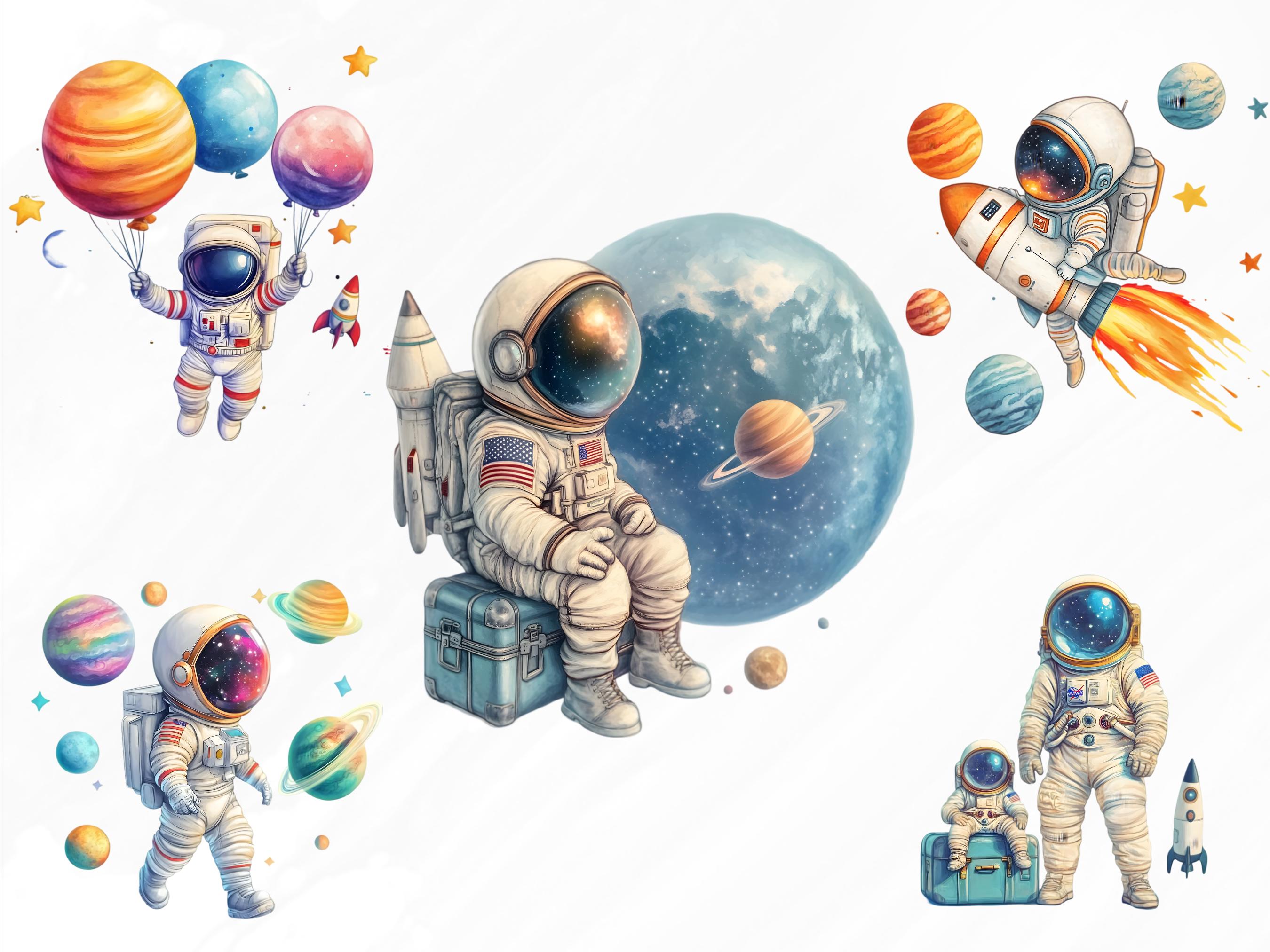 Watercolor Astronaut Clipart Bundle, Space Rocket PNG (digital Download ...