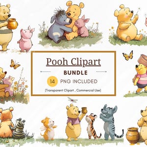Klassieke Winnie de Poeh en vrienden-clipart, 14 clipartbundel png, transparante png, klassieke Winnie de Poeh-bundel, DIY-babyshower