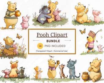 Imágenes prediseñadas clásicas de Winnie the Pooh y sus amigos, paquete de 14 imágenes prediseñadas PNG, PNG transparente, paquete clásico de Winnie the Pooh, baby shower DIY