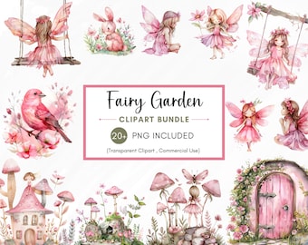 Aquarell Feengarten Clipart, rosa Fee PNG, Pilz Clipart, 30 Png-Dateien mit transparentem Hintergrund, Instant Download
