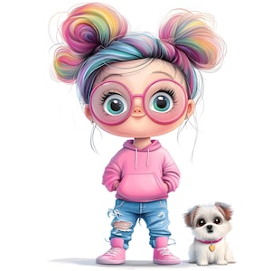 May include: Illustration of a cartoon girl with rainbow-colored hair buns, wearing pink glasses, a pink hoodie, ripped blue jeans, and pink sneakers. A small white dog with a pink collar sits beside her.