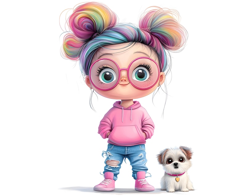 May include: Illustration of a cartoon girl with rainbow-colored hair buns, wearing pink glasses, a pink hoodie, ripped blue jeans, and pink sneakers. A small white dog with a pink collar sits beside her.