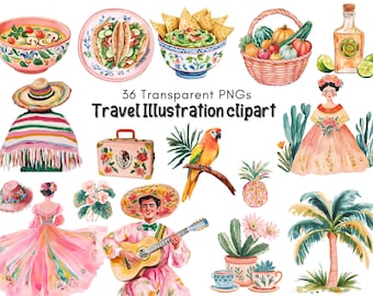Mexican Travel Clipart Set, Fiesta Watercolor Illustrations, Cultural PNG Bundle, Folk Art, Food, Music Floral Clip Art, Instant Download