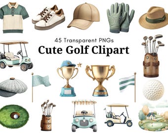 Niedliches Golf Clipart Bundle, 45 PNGs Golf Wagen, Golfball, Trophäe, Golfschläger, Hut, Shirt, Schuhe, Golf Party, Sofort Download