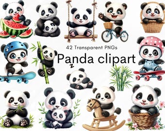 Cute Baby Panda Clipart PNG, Watercolor Panda Clipart, Kawaii Panda Illustrations, Panda Bamboo Clipart, Commercial Use PNG
