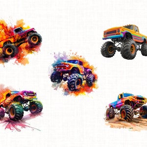May include: Five colorful monster trucks with large tires and bright paint jobs. The trucks are set against a white background with watercolor splatters.