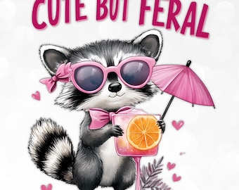 Cute But Feral PNG Bundle, Funny Raccoon with Bow Clipart, Trendy Retro Sublimation PNG, 14 Designs for T-Shirts, DTF, Instant Download