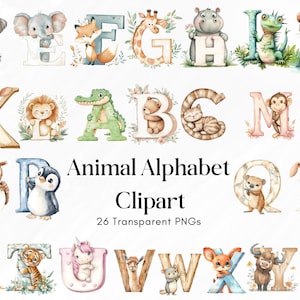 Alfabeto de animales en acuarela, letras PNG de animales adorables, conjunto de letras del alfabeto, uso comercial, decoración infantil, descarga instantánea