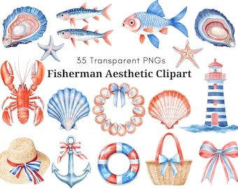 Fisherman Aesthetic Clipart Bundle | Nautical Watercolor PNGs | Seashell, Fish, Anchor, Lighthouse, Starfish, Lobster, Marine Beach Theme