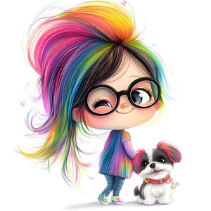 May include: A cartoon illustration of a girl with rainbow hair wearing glasses and a rainbow sweater, holding a small black and white dog with a red collar. The girl is winking. The background is white.