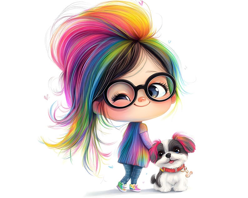 May include: A cartoon illustration of a girl with rainbow hair wearing glasses and a rainbow sweater, holding a small black and white dog with a red collar. The girl is winking. The background is white.