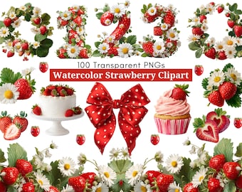 Akwarelowe Kliparty Truskawkowe | 100 PNG Clipartów Owocowych, Cyfr Truskawkowych, Clipartów Tortowych, Kwiatowych Kwiatów Jagodowych PNG, Scrapbookingu, Naklejek