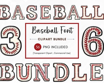 Baseball Font Clipart Bundle, Sports Alphabet Letters, Numbers PNG, Red Stitch Baseball Letters, Digital Download