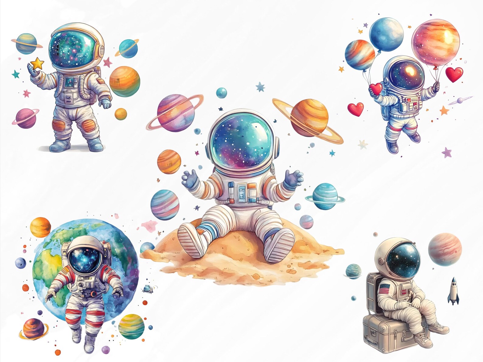 Watercolor Astronaut Clipart Bundle, Space Rocket PNG (digital Download ...