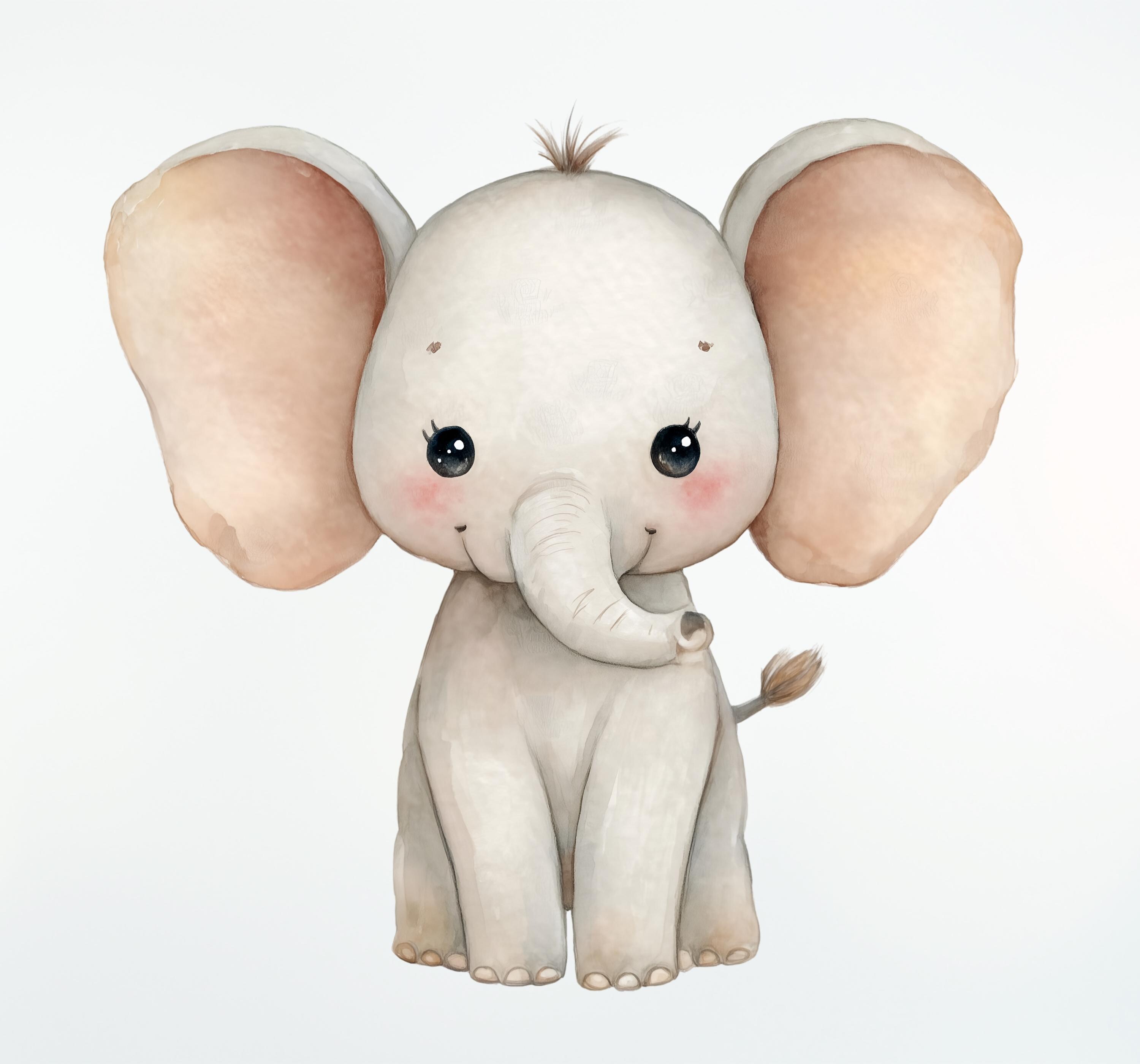 Watercolor Baby Elephant Clipart, Cute Baby Elephant PNG Bundle, Safari ...