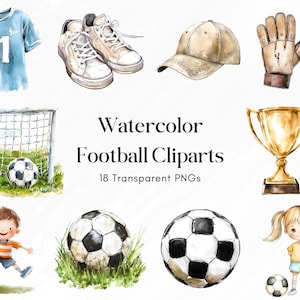 Aquarell Fußball Clipart | Fußball PNG Bundle | 18 Transparente PNGs | Kinder Fußball Kunst | Fußballtor, Pokal, Spieler, Schuhe | 300 DPI
