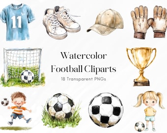 Watercolor Football Clipart | Soccer PNG Bundle | 18 Transparent PNGs | Kids Soccer Art | Football Goal, Trophy, Players, Shoes | 300 DPI
