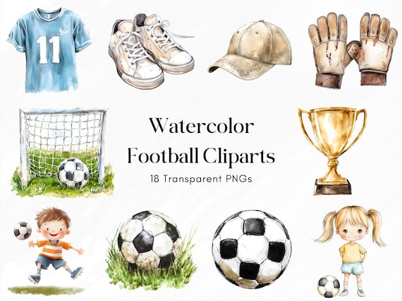 Watercolor Football Clipart | Soccer PNG Bundle | 18 Transparent PNGs | Kids Soccer Art | Football Goal, Trophy, Players, Shoes | 300 DPI