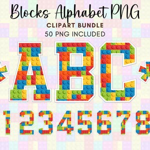 Pode incluir: Pacote de clipart digital colorido com as letras A, B e C, e os números de 0 a 9. Cada letra e número é projetado com um padrão de blocos multicoloridos, incluindo vermelho, azul, verde e amarelo.