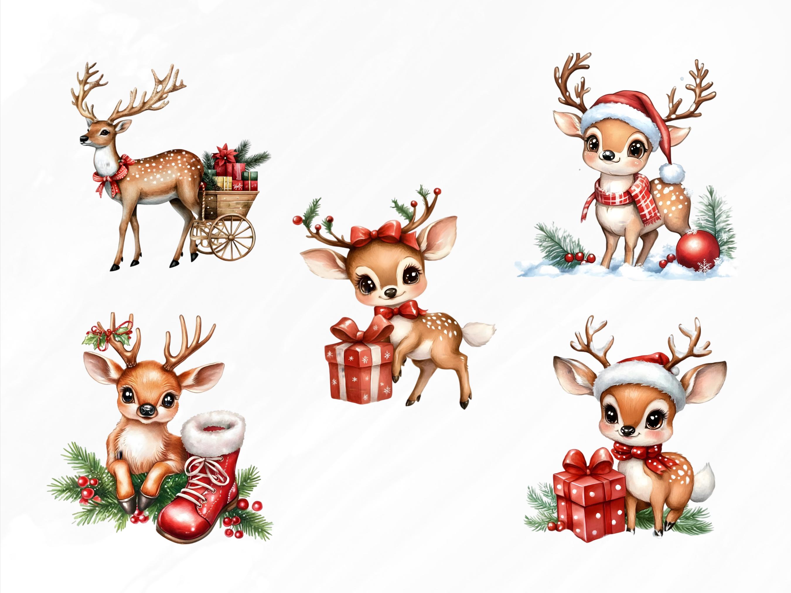 Watercolor Christmas Deer Clipart Bundle, 25 PNG Christmas Clipart ...