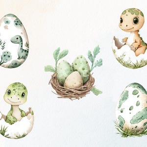 Op de afbeelding: Waterverfillustraties van babydinosaurussen en eieren. De afbeeldingen bevatten een dinosaurus in een ei, een nest met eieren en eieren met dinosaurusontwerpen. Het kleurenpalet is zacht, met groen, bruin en wit.