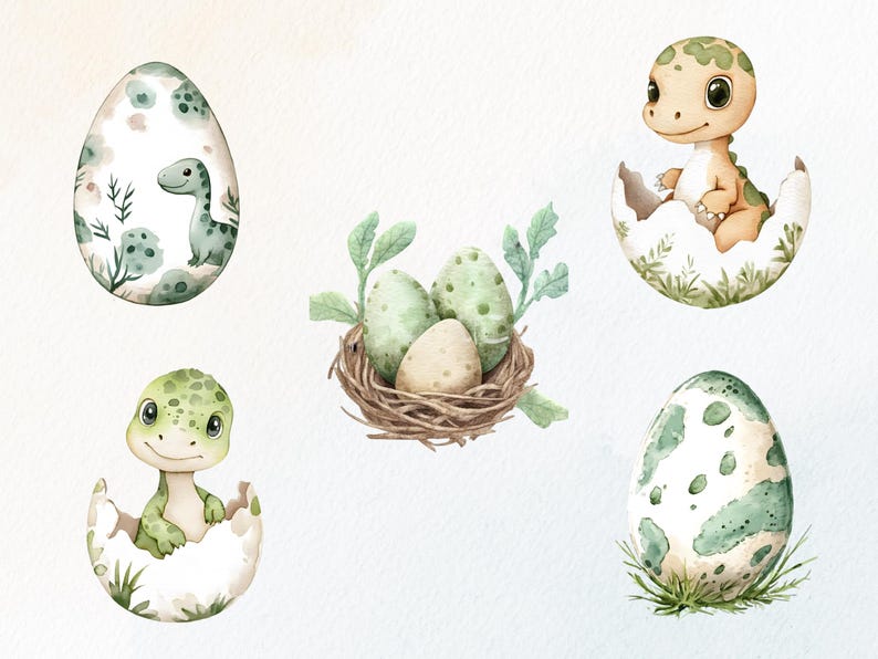 Op de afbeelding: Waterverfillustraties van babydinosaurussen en eieren. De afbeeldingen bevatten een dinosaurus in een ei, een nest met eieren en eieren met dinosaurusontwerpen. Het kleurenpalet is zacht, met groen, bruin en wit.