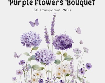 Purple Hydrangea Flower Clipart Bundle | Watercolor Lavender Floral Bouquets PNG | Wedding Invitations Wall Art | 30 Transparent PNGs