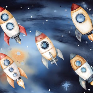May include: Five watercolor illustrations of cartoon spaceships against a blue and white galaxy background. The spaceships are white with red, blue, and yellow accents.