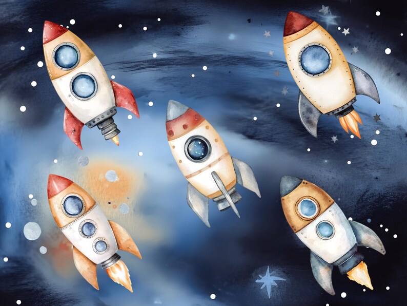 May include: Five watercolor illustrations of cartoon spaceships against a blue and white galaxy background. The spaceships are white with red, blue, and yellow accents.