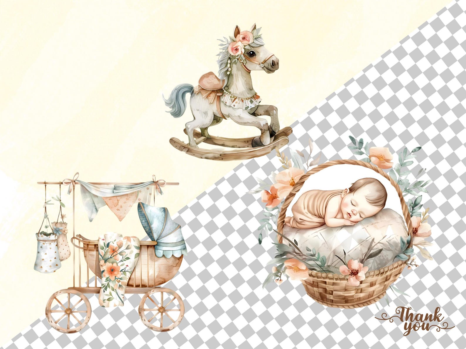 Boho Baby Shower Clipart Bundle, Watercolor Clipart, Nursery Decor PNG ...