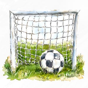 May include: A white and black soccer ball sits in the goal of a white soccer net. The net is made of white string and is surrounded by green grass.