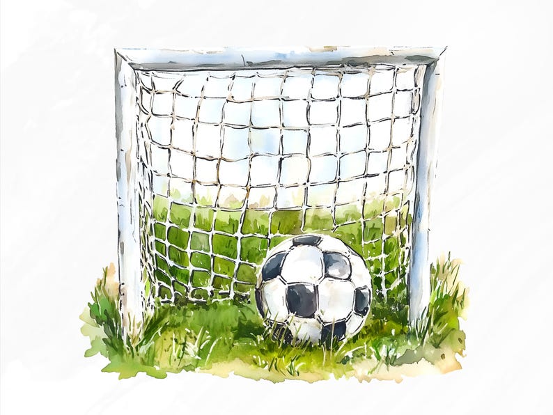 May include: A white and black soccer ball sits in the goal of a white soccer net. The net is made of white string and is surrounded by green grass.