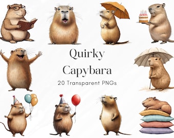 Quirky Capybara Clipart Bundle, 20 Cute Capybara PNGs with Transparent Background, Funny Animal Party Clip Art for Kids, Cards, Stickers