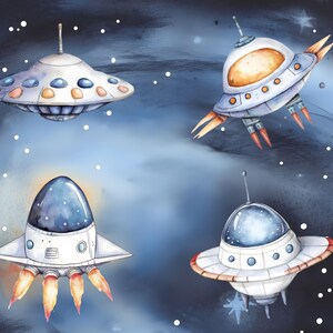 May include: Four watercolor illustrations of different spaceships against a dark blue starry background. The spaceships are white with various details, including windows, lights, and antennas.