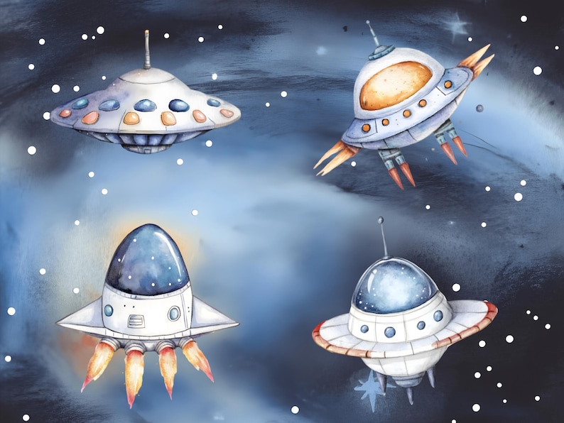 May include: Four watercolor illustrations of different spaceships against a dark blue starry background. The spaceships are white with various details, including windows, lights, and antennas.