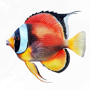 May include: A red, black, and yellow angelfish with a blue and black stripe around its eye. The fish has a long, flowing tail fin and a small mouth.