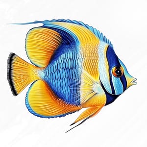 May include: A blue and yellow angelfish with black stripes swims in a white background. The fish has a large, round body and a long, pointed tail.