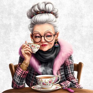 16 Senior Lady Drinking Coffee Clipart - Cozy Grandma PNG Bundle ...